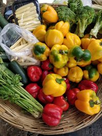 High angle view of bell peppers in basket