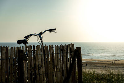 Seagull on wooden post in sea against sky
