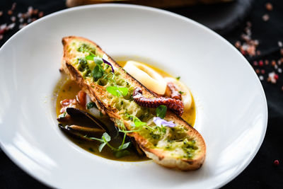 High angle view of food in plate