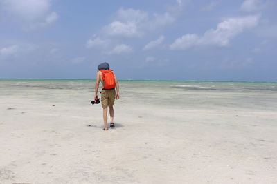 Full length rear view of man walking at beach against sky