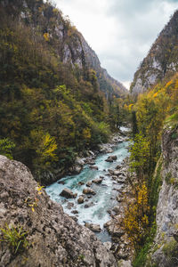 Scenic view of waterfall amidst trees against sky