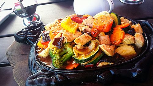 High angle view of serving food in plate