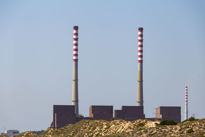 Low angle view of smoke stack against clear sky