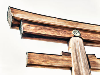 Low angle view of wooden building against clear sky