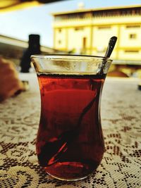 Close-up of tea in glass on table