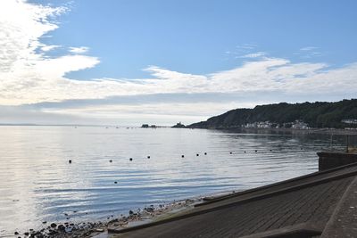 Scenic view of sea and mountains against sky