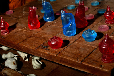 High angle view of bottles on table