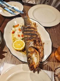 High angle view of breakfast served on table