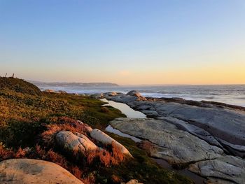 Scenic view of sea against clear sky during sunset