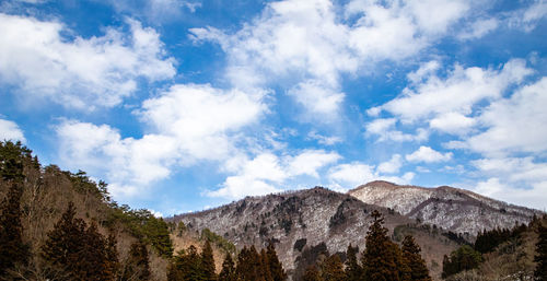 Low angle view of mountain range against sky