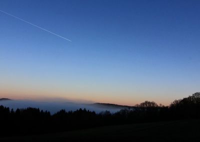 Scenic view of silhouette trees against clear sky at sunset