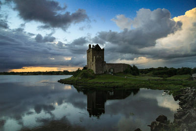 Reflection of building in lake against cloudy sky