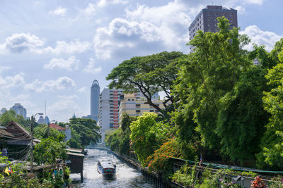 Water taxi moving in canal by trees