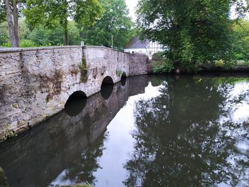 Arch bridge over river amidst trees