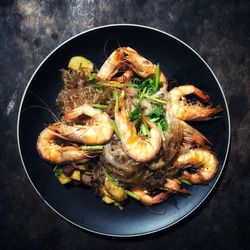 High angle view of meat in plate on table