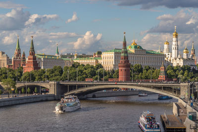 Bridge over river with city in background