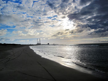 Scenic view of beach against sky during sunset