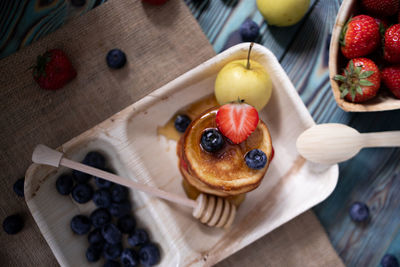 High angle view of breakfast on table