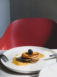 High angle view of pancake in plate on the table