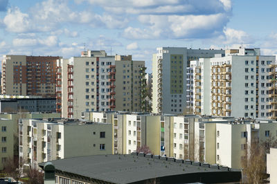 High angle view of buildings against sky