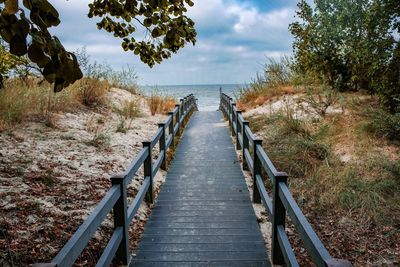 Rear view of woman walking on footbridge against trees