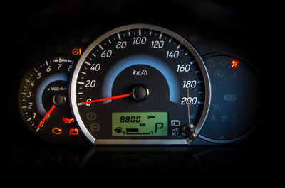 Close-up of speedometer in car