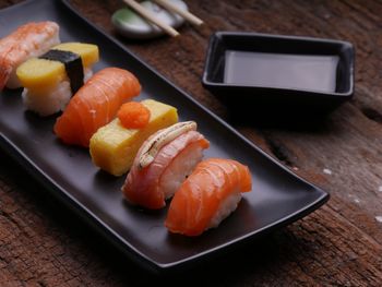 Close-up of sushi served on table