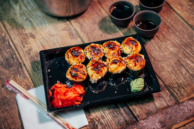 High angle view of serving food on table