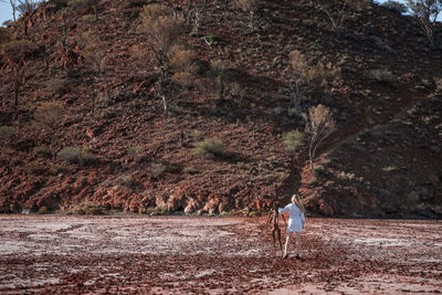 Rear view of a man walking in forest