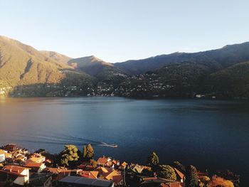 Scenic view of lake and mountains against clear sky