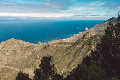 High angle view of sea and mountains against sky