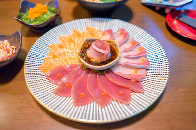 High angle view of dessert in plate on table