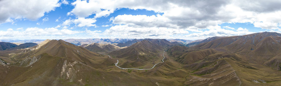 Drone view of highway 8, lindis pass between otago and canterbury regions, south island, new zealand