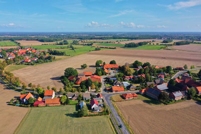 High angle view of agricultural field against sky