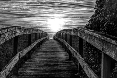 Narrow walkway along plants against sky