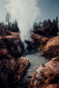 Scenic view of waterfall against sky