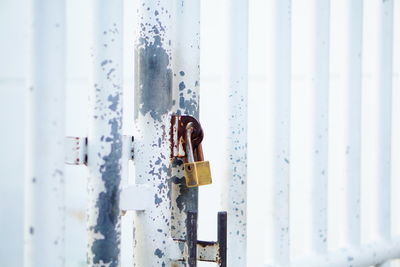 Close-up of padlocks on metal railing