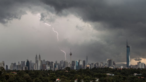 Cityscape against cloudy sky