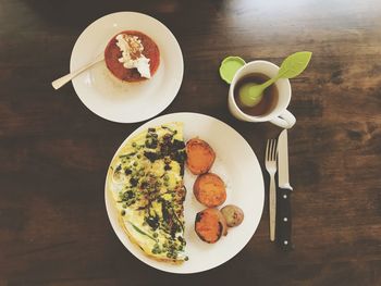 High angle view of breakfast on table