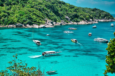 High angle view of boats in sea