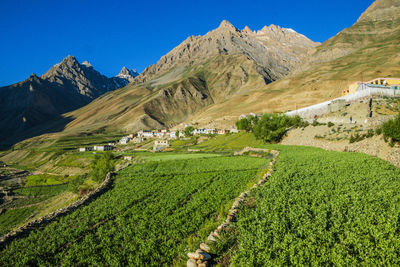 Scenic view of landscape and mountains against clear sky