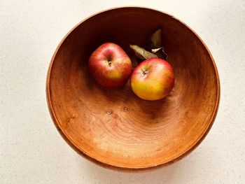 Two apples in wooden bowl. red and green apples. foraged in community orchard. fresh and juicy.