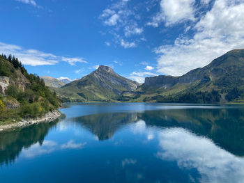 Scenic view of lake and mountains against blue sky