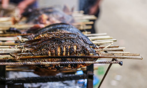 Close-up of fish on barbecue grill