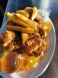 High angle view of food served on table