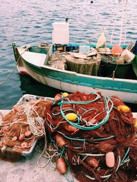 High angle view of fishing boats moored at shore