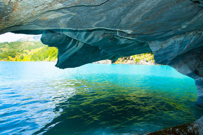 Scenic view of sea seen through cave