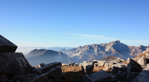 Scenic view of mountains against clear blue sky