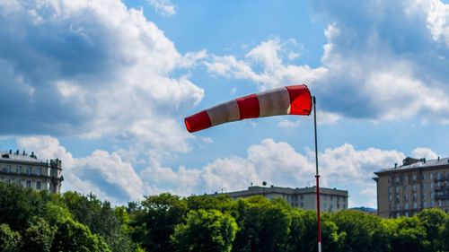 Low angle view of flag against sky