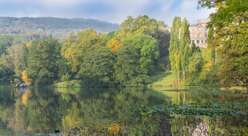 Scenic view of lake by trees against sky